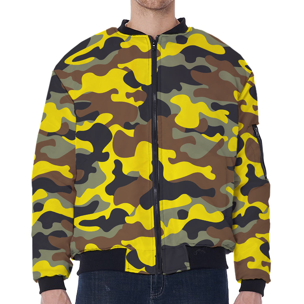 Yellow Brown And Black Camouflage Print Zip Sleeve Bomber Jacket
