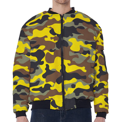 Yellow Brown And Black Camouflage Print Zip Sleeve Bomber Jacket