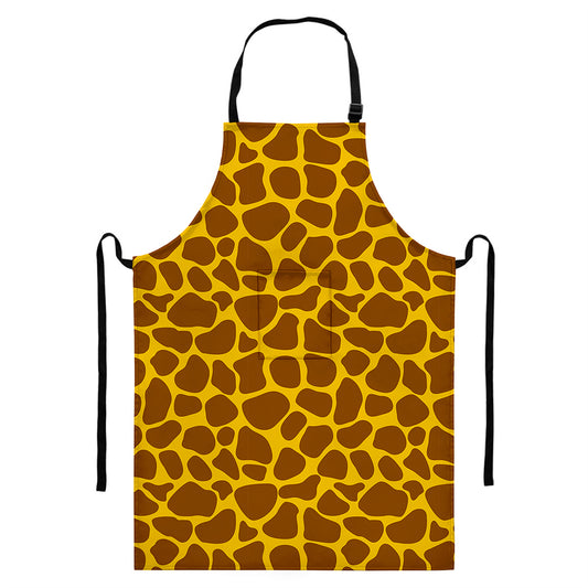 Yellow Brown Giraffe Pattern Print Bib Apron With Pocket