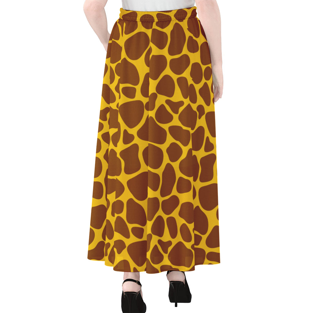 Yellow Brown Giraffe Pattern Print Chiffon Maxi Skirt