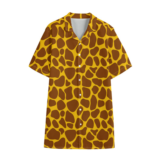 Yellow Brown Giraffe Pattern Print Cotton Hawaiian Shirt
