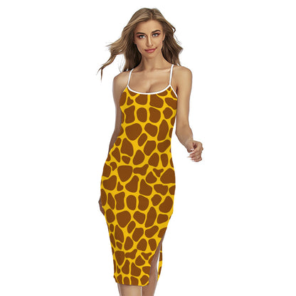 Yellow Brown Giraffe Pattern Print Cross Back Cami Dress