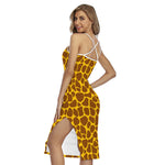 Yellow Brown Giraffe Pattern Print Cross Back Cami Dress