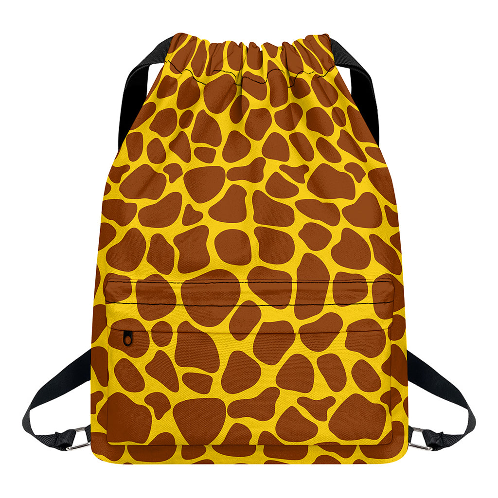 Yellow Brown Giraffe Pattern Print Drawstring Backpack
