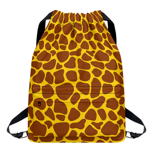 Yellow Brown Giraffe Pattern Print Drawstring Backpack