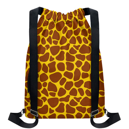 Yellow Brown Giraffe Pattern Print Drawstring Backpack