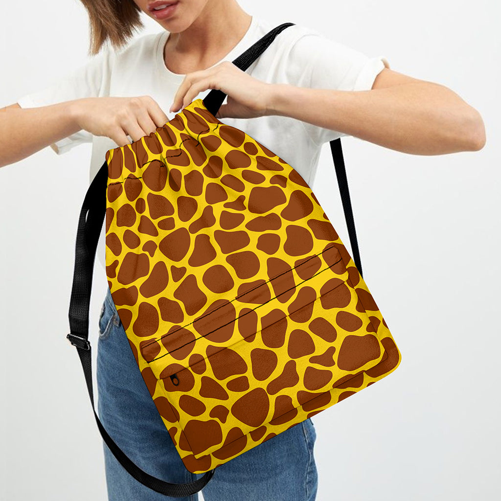 Yellow Brown Giraffe Pattern Print Drawstring Backpack
