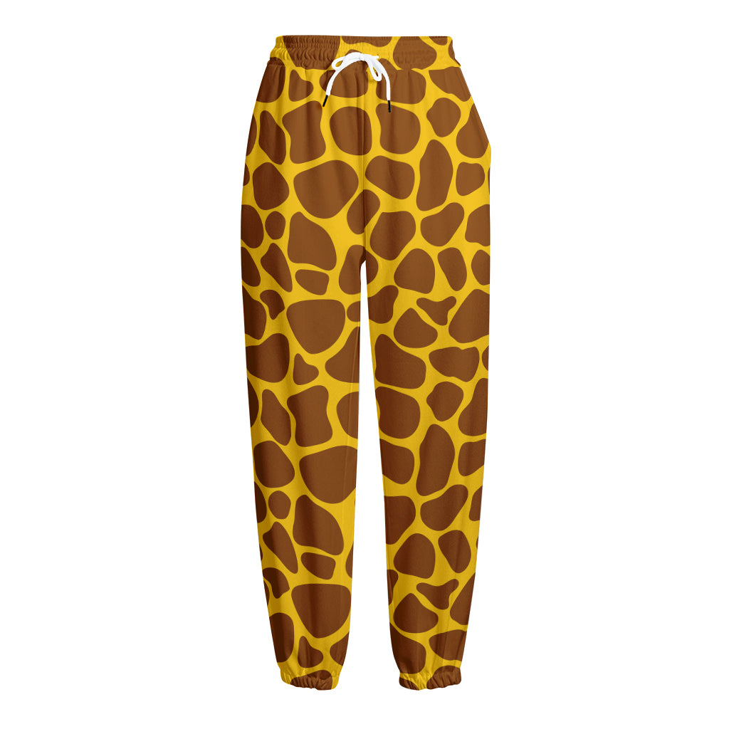 Yellow Brown Giraffe Pattern Print Fleece Lined Knit Pants