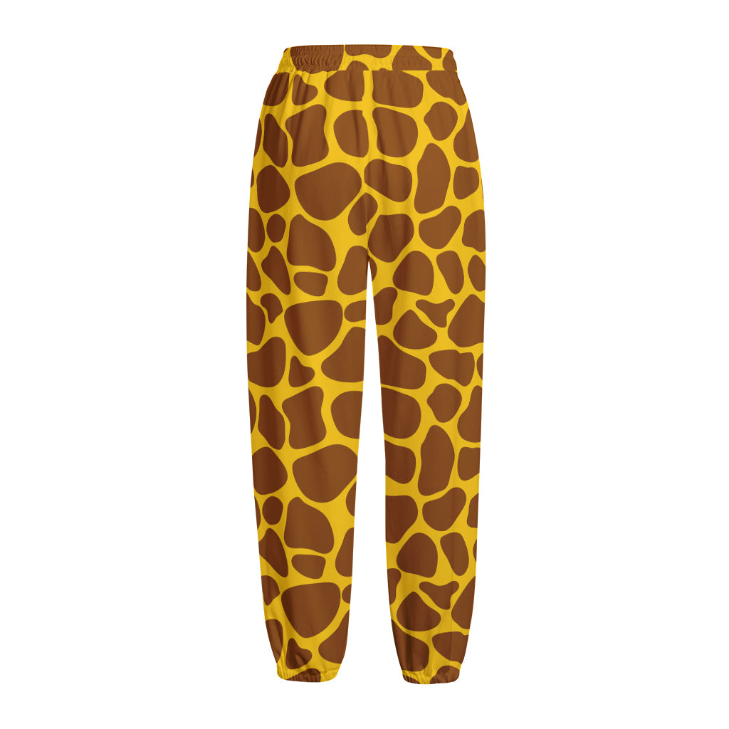 Yellow Brown Giraffe Pattern Print Fleece Lined Knit Pants