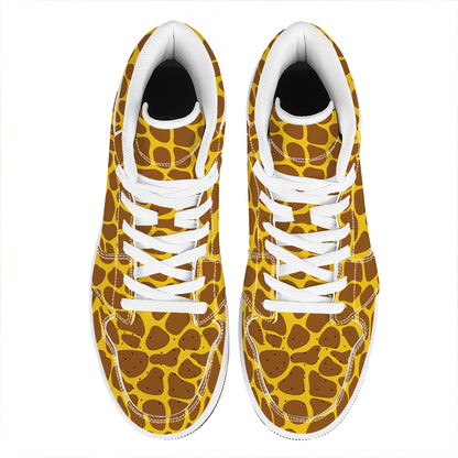 Yellow Brown Giraffe Pattern Print High Top Leather Sneakers