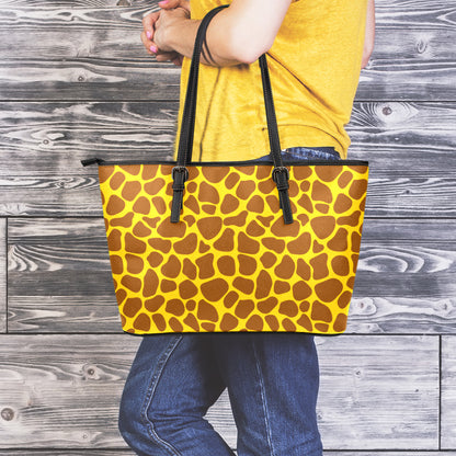 Yellow Brown Giraffe Pattern Print Leather Tote Bag