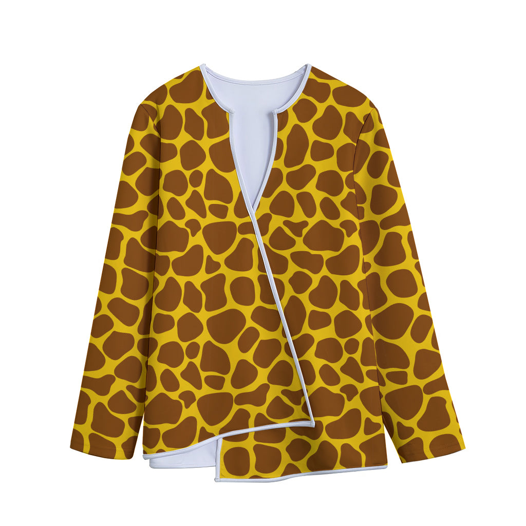 Yellow Brown Giraffe Pattern Print Long Sleeve Short Coat