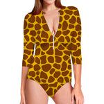 Yellow Brown Giraffe Pattern Print Long Sleeve Swimsuit
