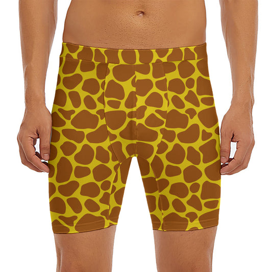 Yellow Brown Giraffe Pattern Print Men's Long Boxer Briefs