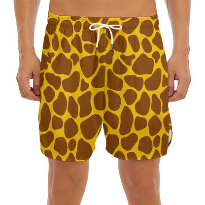 Yellow Brown Giraffe Pattern Print Men's Split Running Shorts