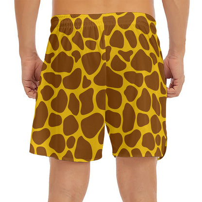 Yellow Brown Giraffe Pattern Print Men's Split Running Shorts