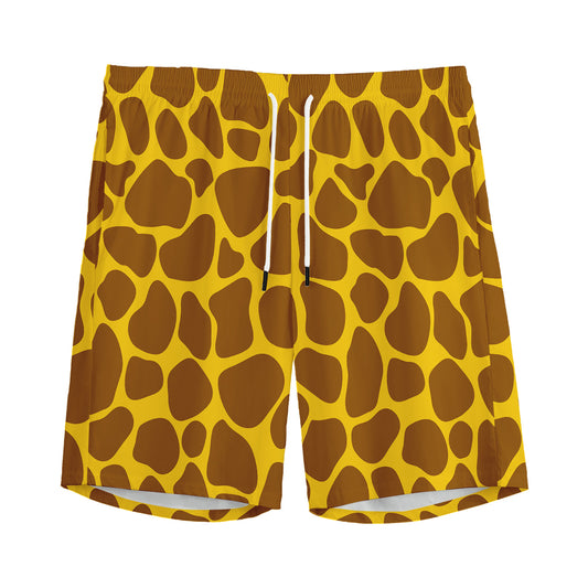 Yellow Brown Giraffe Pattern Print Men's Sports Shorts