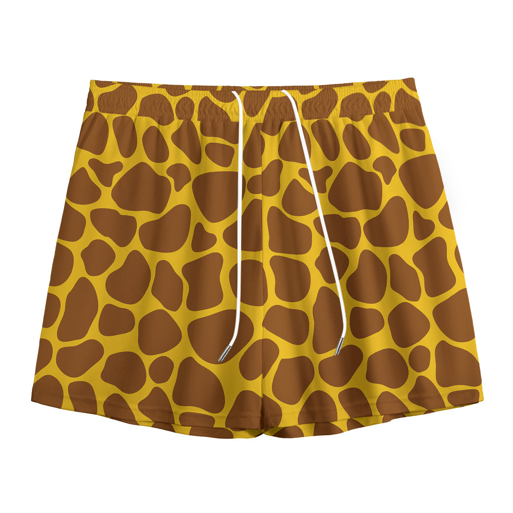 Yellow Brown Giraffe Pattern Print Mesh Shorts