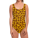 Yellow Brown Giraffe Pattern Print One Piece Swimsuit