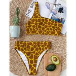 Yellow Brown Giraffe Pattern Print One Shoulder Bikini Top