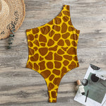 Yellow Brown Giraffe Pattern Print One Shoulder Bodysuit