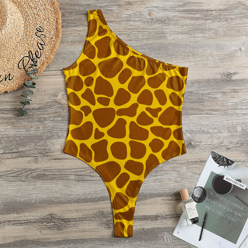 Yellow Brown Giraffe Pattern Print One Shoulder Bodysuit