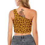 Yellow Brown Giraffe Pattern Print One Shoulder Crop Top