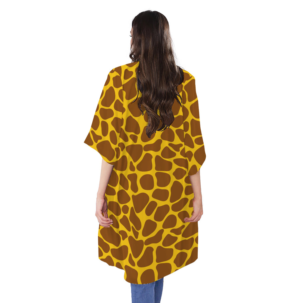 Yellow Brown Giraffe Pattern Print Open Front Beach Cover Up