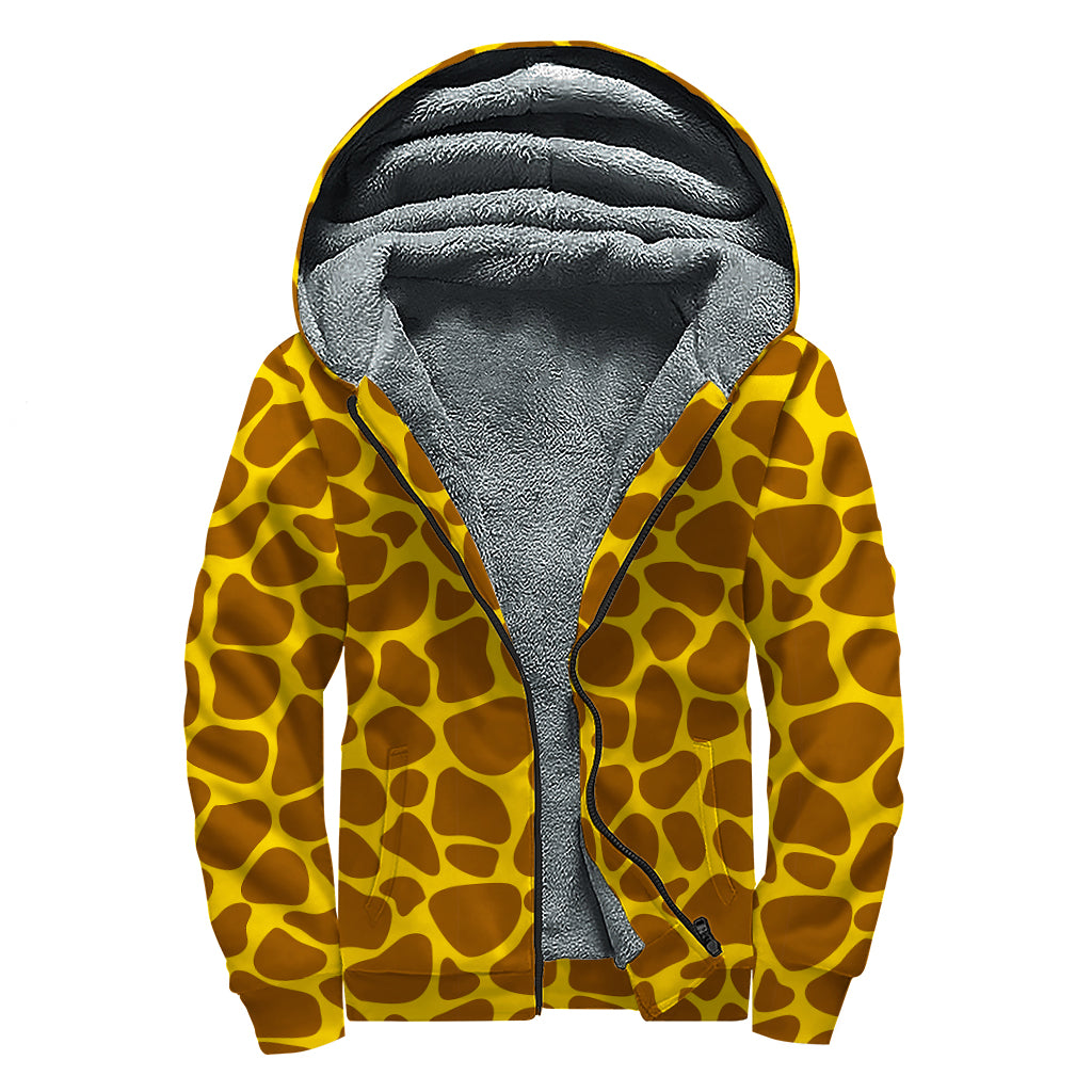 Yellow Brown Giraffe Pattern Print Sherpa Lined Zip Up Hoodie