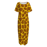 Yellow Brown Giraffe Pattern Print Short Sleeve Long Nightdress