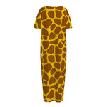 Yellow Brown Giraffe Pattern Print Short Sleeve Long Nightdress