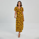 Yellow Brown Giraffe Pattern Print Short Sleeve Maxi Dress