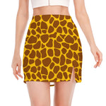 Yellow Brown Giraffe Pattern Print Side Slit Mini Skirt