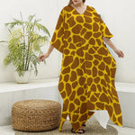 Yellow Brown Giraffe Pattern Print Silk V-Neck Kaftan Dress