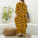 Yellow Brown Giraffe Pattern Print Silk V-Neck Kaftan Dress