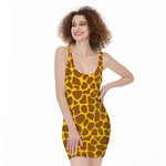 Yellow Brown Giraffe Pattern Print Sleeveless Bodycon Dress
