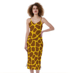 Yellow Brown Giraffe Pattern Print Slim Fit Midi Cami Dress
