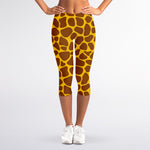 Yellow Brown Giraffe Pattern Print Women's Capri Leggings