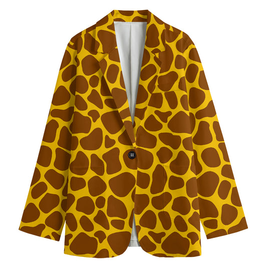 Yellow Brown Giraffe Pattern Print Women's Cotton Blazer