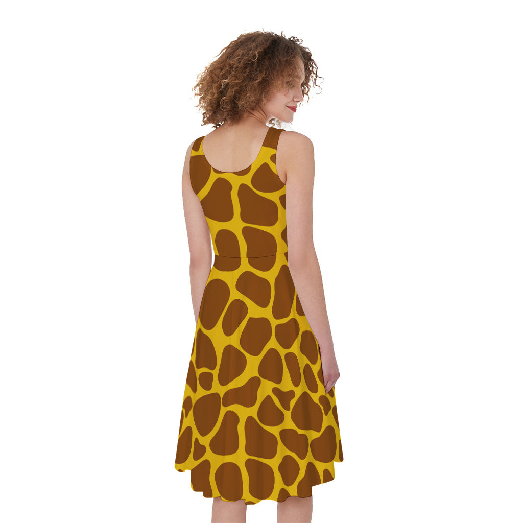 Yellow Brown Giraffe Pattern Print Women's Sleeveless Dress