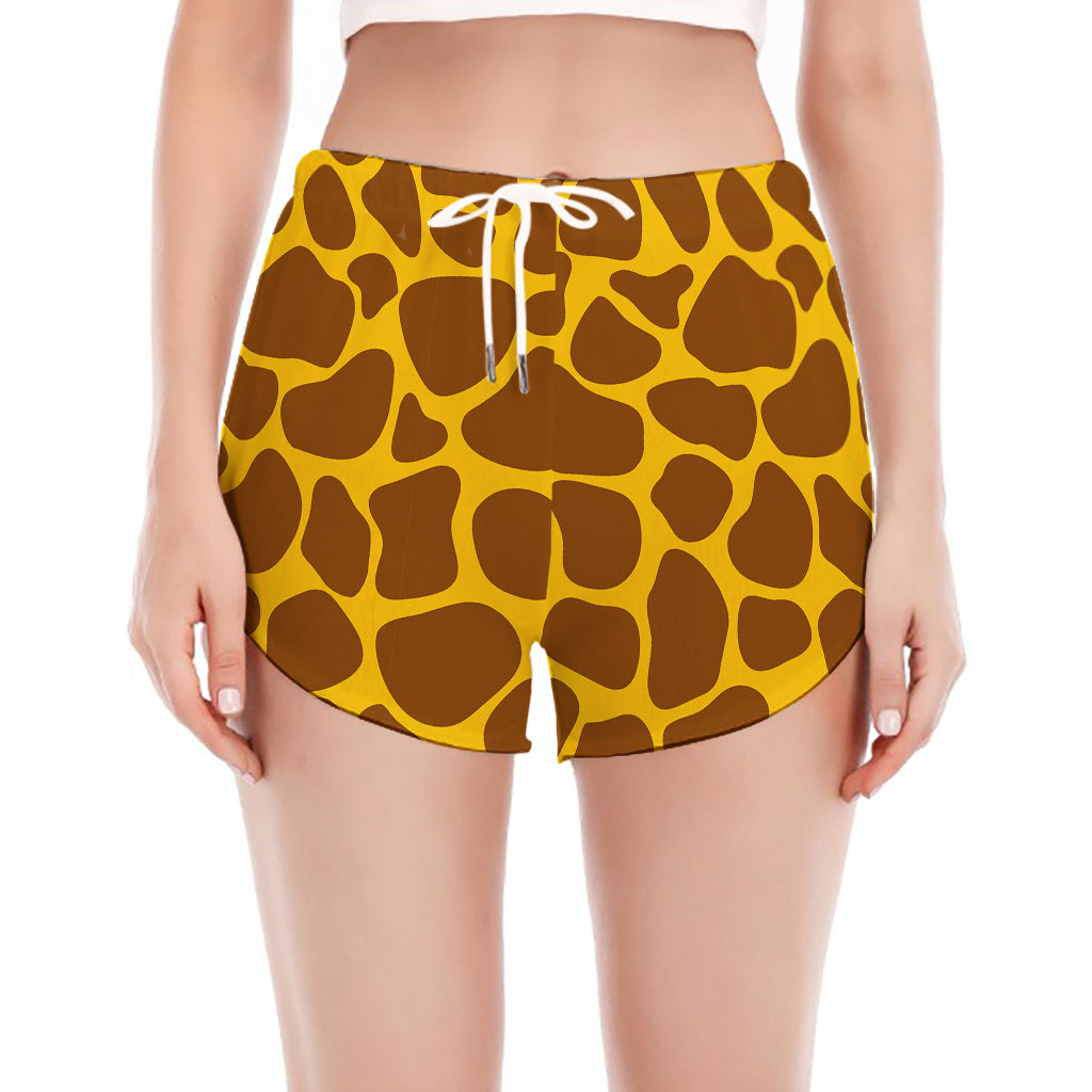 Yellow Brown Giraffe Pattern Print Women's Split Running Shorts