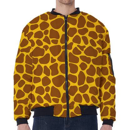 Yellow Brown Giraffe Pattern Print Zip Sleeve Bomber Jacket