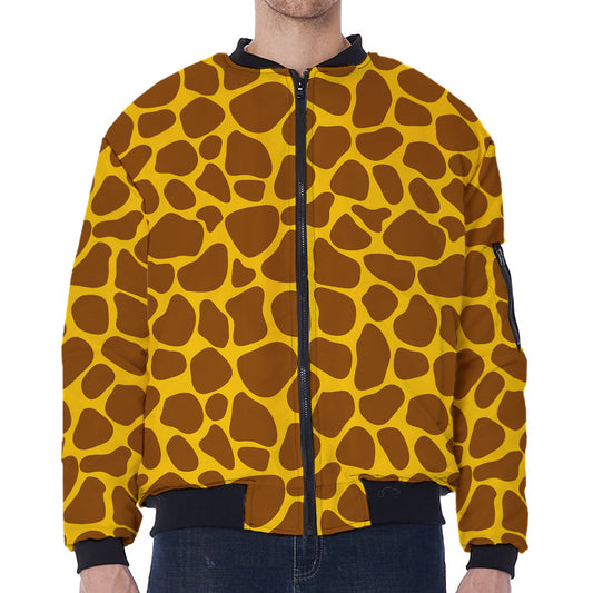Yellow Brown Giraffe Pattern Print Zip Sleeve Bomber Jacket