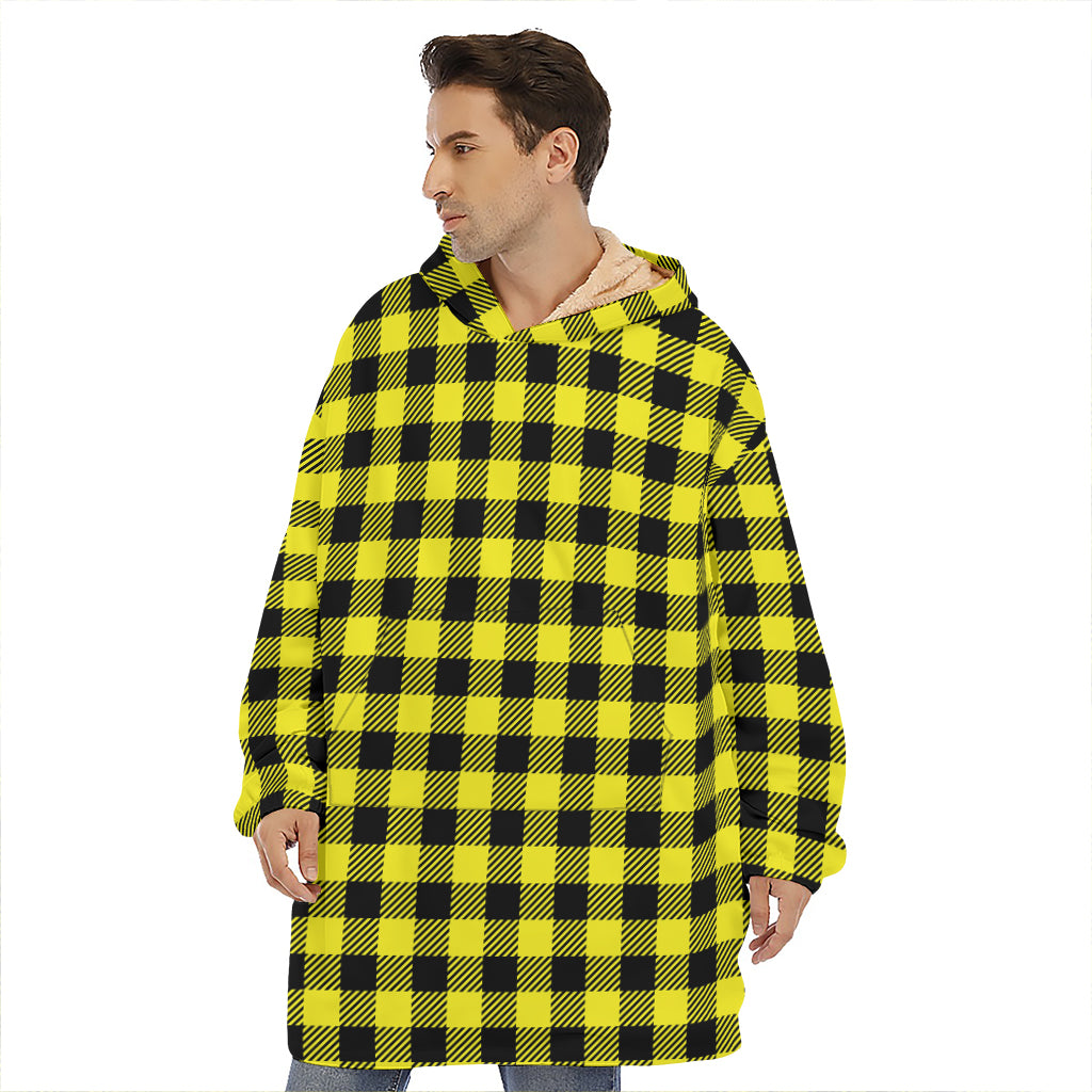 Yellow Buffalo Plaid Print Hoodie Blanket
