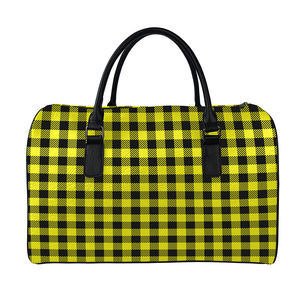 Yellow Buffalo Plaid Print Leather Duffle Bag