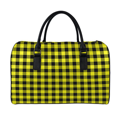 Yellow Buffalo Plaid Print Leather Duffle Bag
