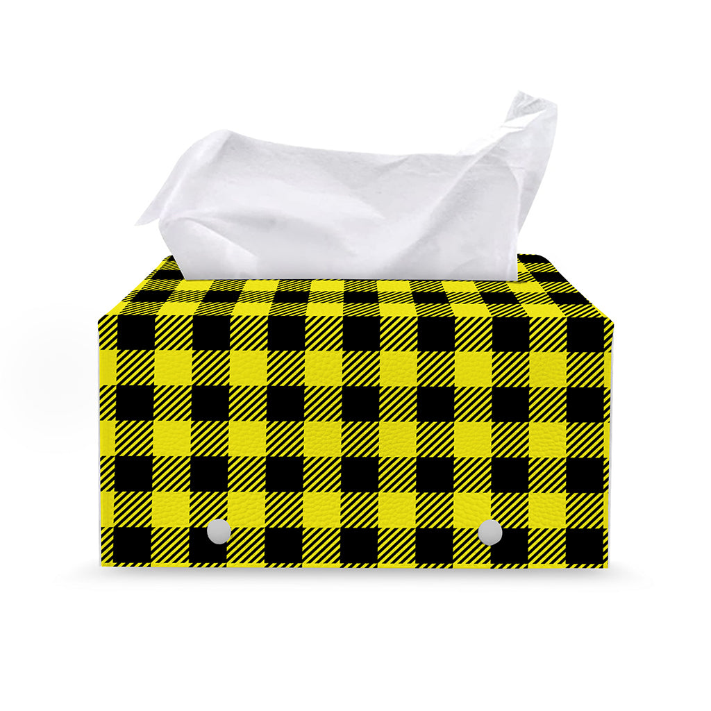 Yellow Buffalo Plaid Print Leather Tissue Box Cover