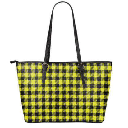 Yellow Buffalo Plaid Print Leather Tote Bag