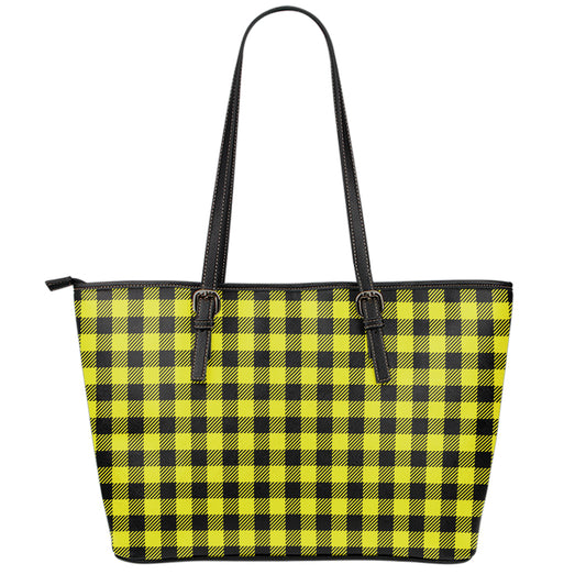 Yellow Buffalo Plaid Print Leather Tote Bag