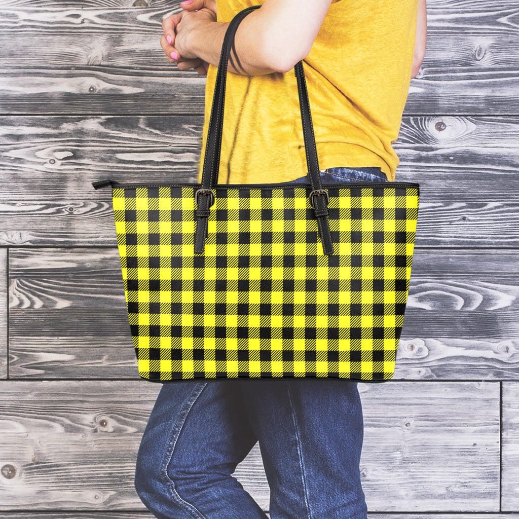 Yellow Buffalo Plaid Print Leather Tote Bag